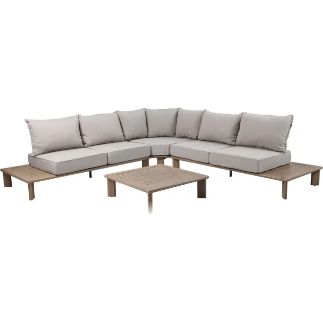 Axi Avery Loungeset met zijtafels Houtlook/beige – Hoekset met tafel – Gepoedercoat aluminium frame – 5 Personen Bruin