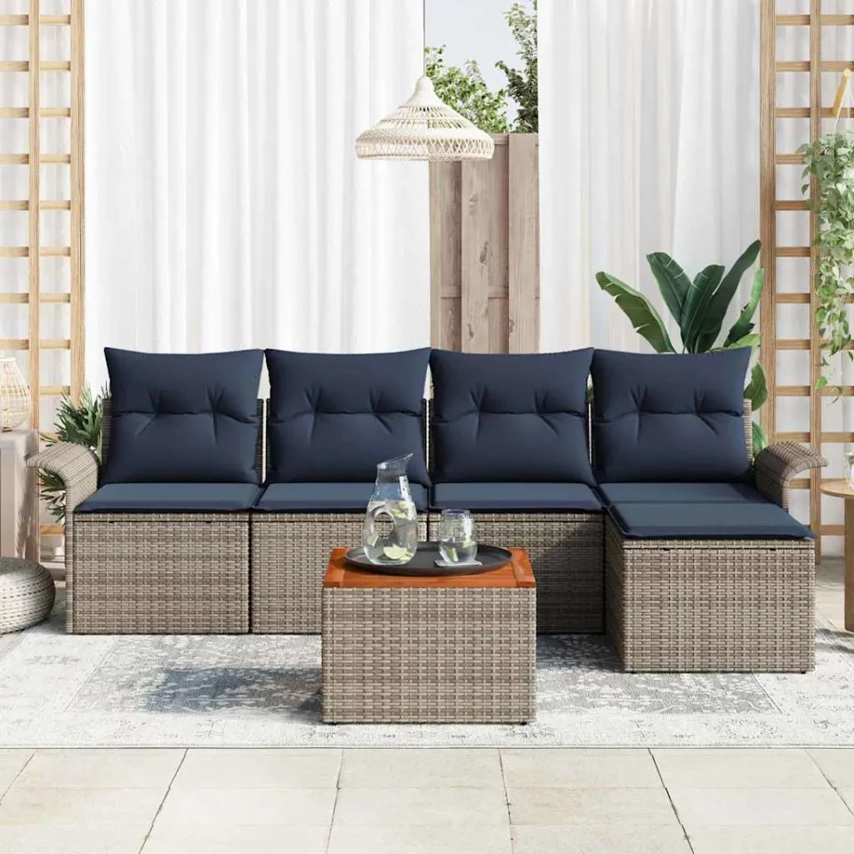 vidaXL Tuinbankenset 6 st Grijs en Marineblauw poly rattan, foto 2