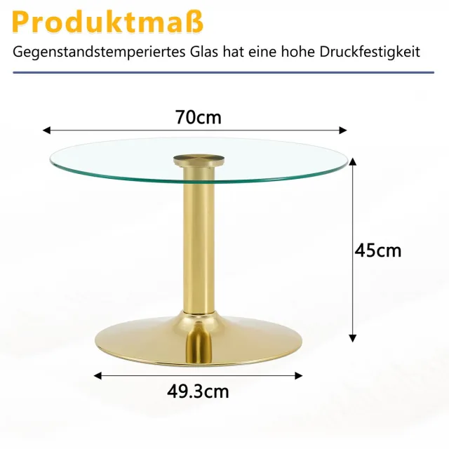 FloraGrace Salontafel Ronde Glazen Tafel Met Gehard Glas En Metalen Frame Voor Woonkamer Goud 70 Cm 45 Cm Gold