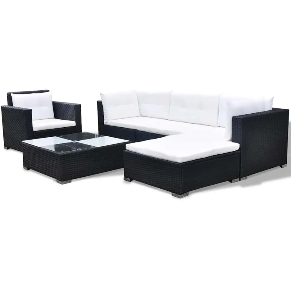 vidaXL 6-delige Loungeset met kussens poly rattan zwart, foto 2