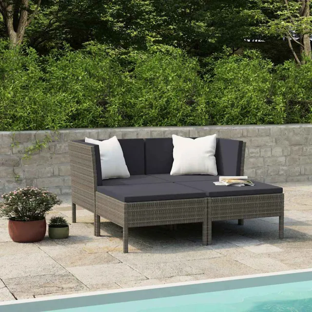 vidaXL 4-delige Loungeset met kussens poly rattan grijs, foto 2