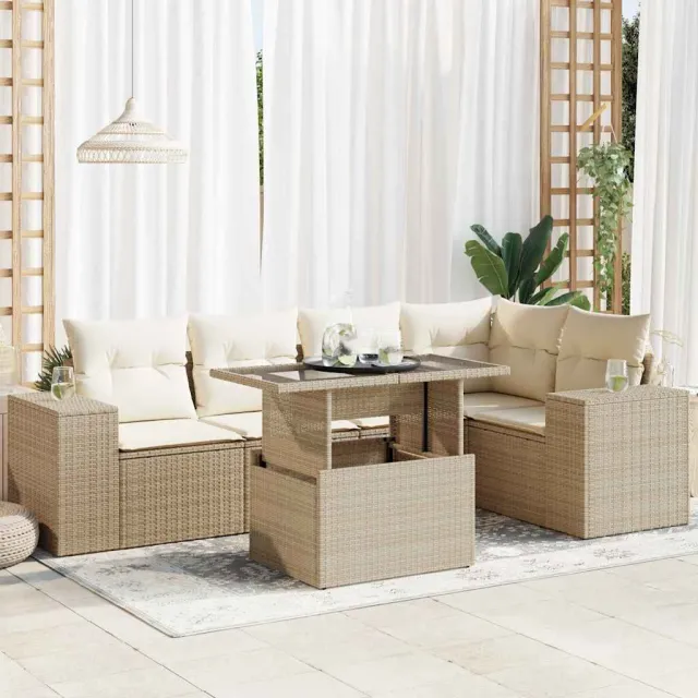 vidaXL 6-delige Loungeset met kussens poly rattan beige, foto 2