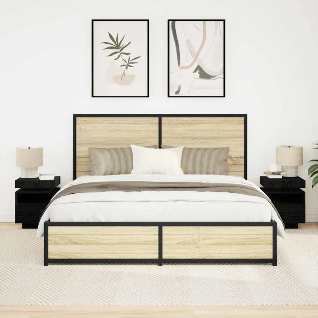 vidaXL Nachtkastje 2 st Zwart Eiken 40 x 39 x 48,5 cm Bewerkt hout, foto 2