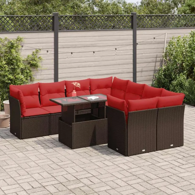 vidaXL 9-delige Loungeset met kussens poly rattan acacia bruin, foto 2