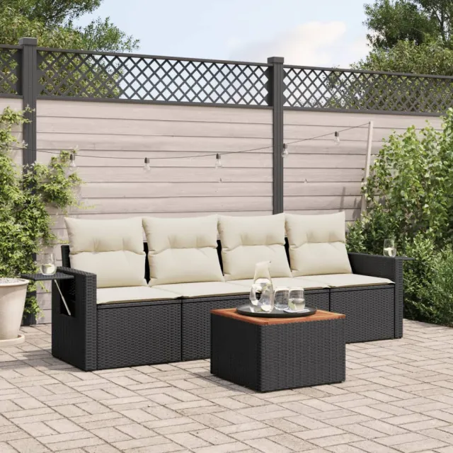 vidaXL 5-delige Loungeset met kussens poly rattan zwart, foto 2