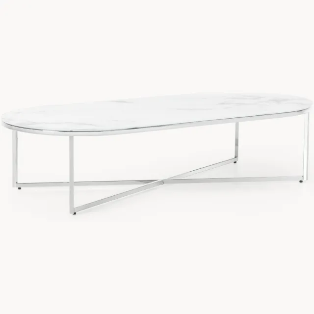 Westwing Collection Ovale salontafel Antigua met glazen tafelblad in marmerlook Wit, Zilverkleurig
