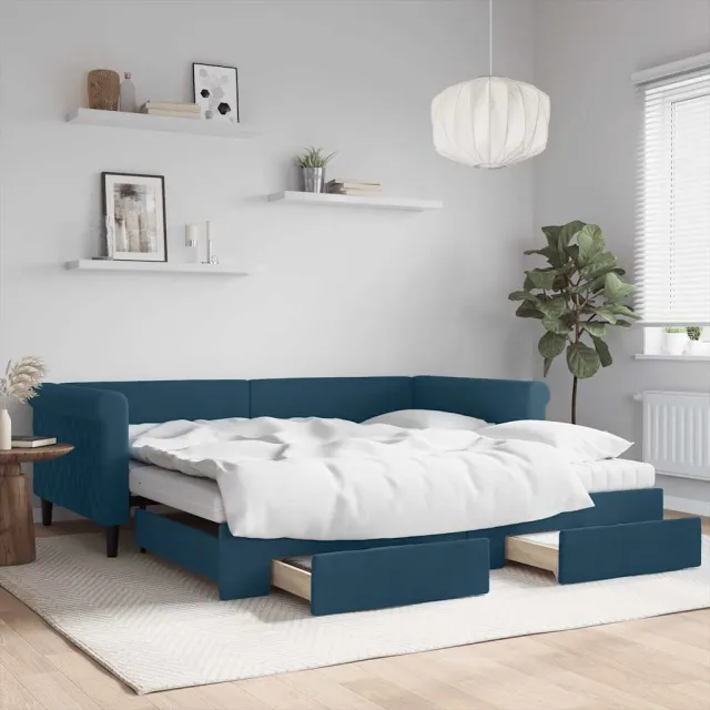 vidaXL Slaapbank met onderschuifbed en lades 100x200 cm fluweel blauw
