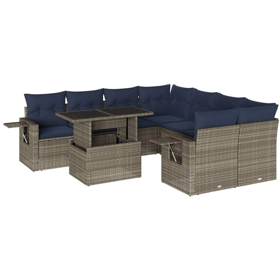 vidaXL 9-delige tuinbankset met kussens, grijs polyrotan, foto 3