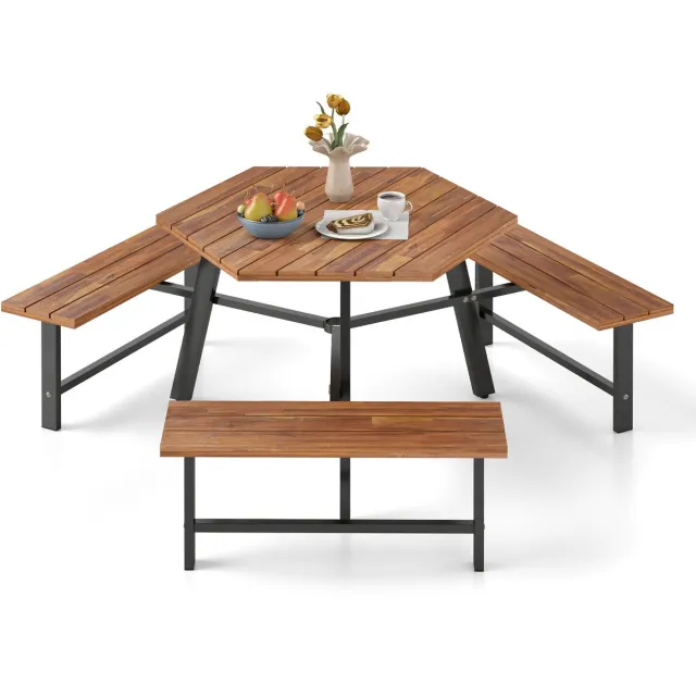 Costway Picknicktafelset voor 6 personen, tuintafel van acaciahout met parasolgat en 3 banken, terrasmeubels, tuinmeubelen, zitgroep, zitgroep voor tuin, terras Bruin en Zwart