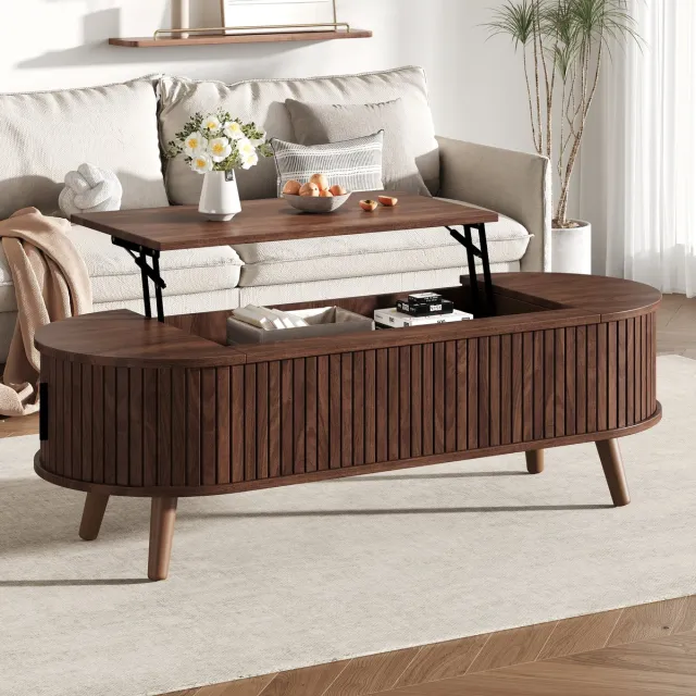 FloraGrace Salontafel - Verhoogbaar Tafelblad Met Verborgen Opbergruimte - Voor Woonkamer En Tijdelijk Werken - MDF - 120x50x39,5 Cm - Walnoot