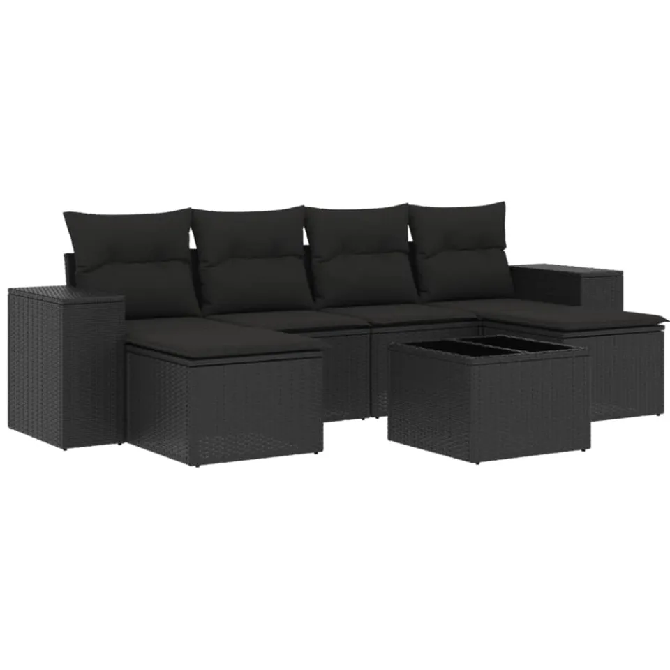 vidaXL 7-delige Loungeset met kussens poly rattan zwart, foto 3