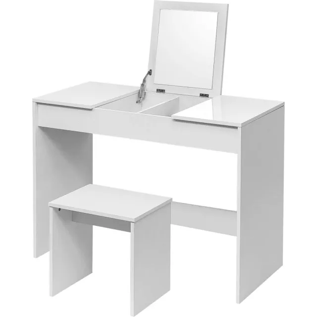 Woltu Monkey's Witte Kaptafel - Spiegel Met Opbergruimte - Met Bankje - Kaptafel Voor Vrouwen - 100 x 48 x 72 cm