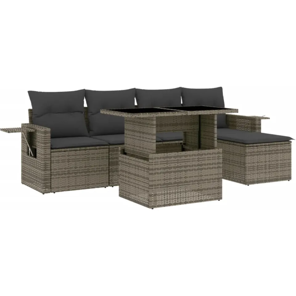 vidaXL 6-delige Loungeset met kussens poly rattan grijs, foto 3