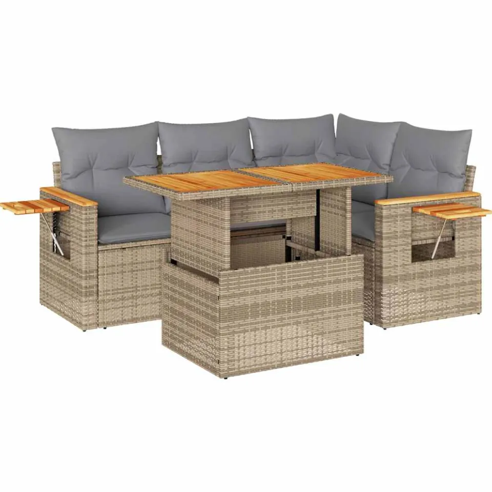 vidaXL 5-delige Loungeset met kussens poly rattan en acaciahout beige, foto 3