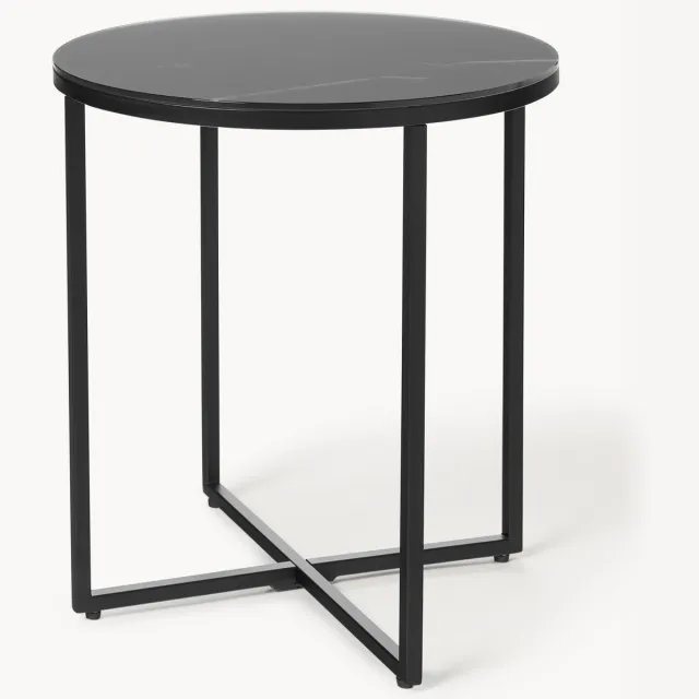 Westwing Collection Ronde bijzettafel Antigua met glazen tafelblad in marmerlook Zwart