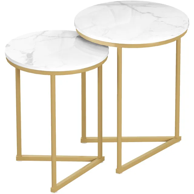 Homona Bijzettafelset - 2-delig - Met marmerlook blad en goudkleurig frame - 45 x 45 x 55 cm en 40 x 40 x 50 cm Wit