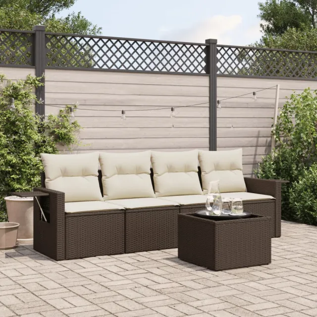 vidaXL 5-delige Loungeset met kussens poly rattan bruin, foto 2