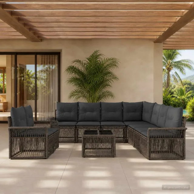 vidaXL Tuinbankenset 10 st 9-zits Grijs poly rattan, foto 2