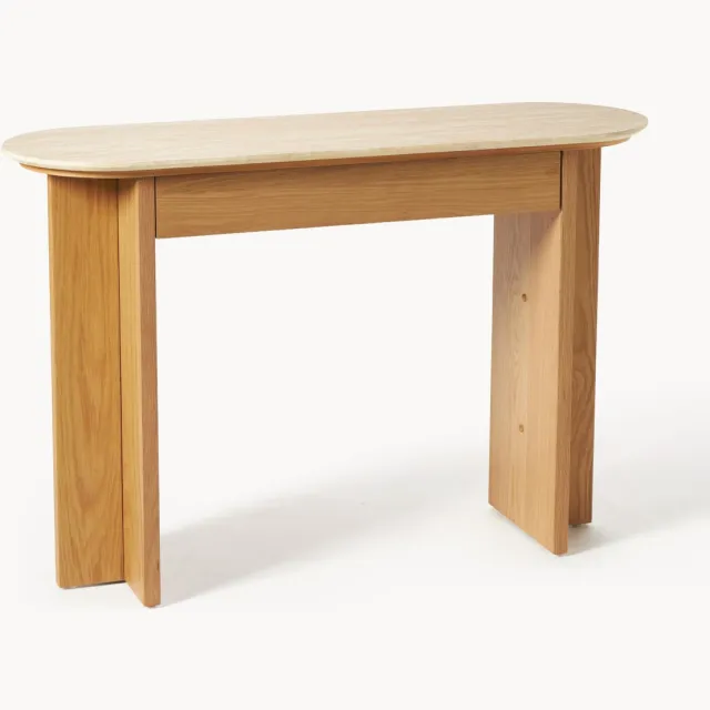 Westwing Collection Houten wandtafel Zumi met travertijn blad Beige