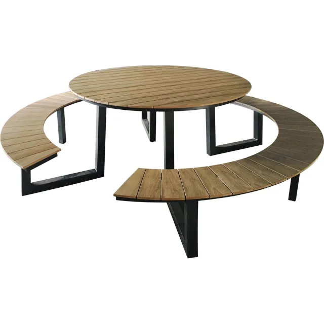 Axi Taco Picknicktafel met 2 banken Rond Antraciet met Teak-look Polywood – Gepoedercoat aluminium frame – Tafel en banken met Polywood tafelblad en zitvlak - 200x190cm Bruin