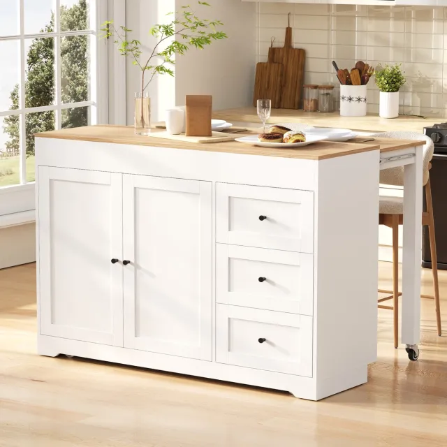 MIVRAY Keukeneiland - 3 Laden en 2 Deuren met Vergrendelbare Wielen - Voor Keuken en Eetkamer - MDF in Wit en Naturel - 120x35-75x92 cm Wit en naturel houtkleur