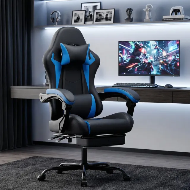 MEUNIQ Ergonomische gamingstoel met hoofdsteun, lendenkussen, verstelbare zithoogte, kantelbare rugleuning, voetsteun en armleuningen voor thuiskantoor, zwart/blauw Zwart en blauw