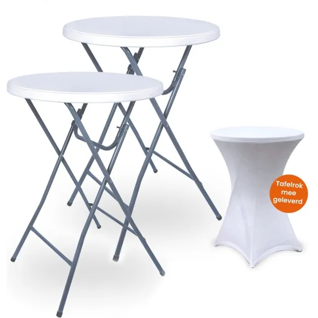 Goliving Statafel – 2 Stuks – Inclusief Statafelhoes – Statafelrok – Inklapbaar – Stevige partytafel – Voor binnen en buiten – Draagvermogen 50kg – Ø80 x 110 cm – 8,5 kg – Wit