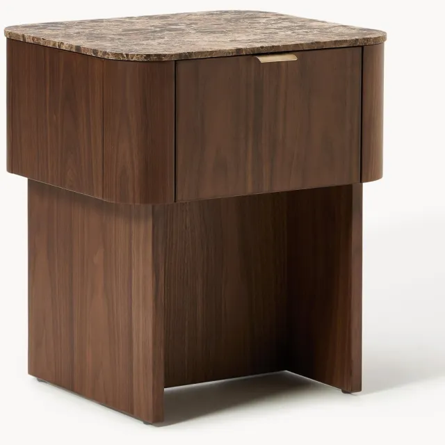 Westwing Collection Houten nachtkastje Zumi met marmeren blad Bruin