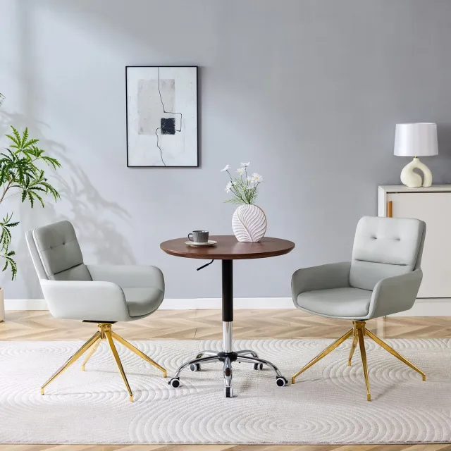 DESMIU Eetkamerstoel - 55 Cm - Draaibaar Met Armleuning En Knopenrug - Voor Eetkamer En Zithoek - Kunstleer En Metaal - Lichtgrijs Goud