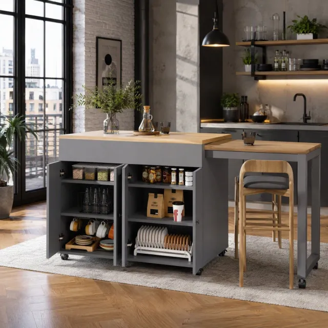 WUVRIE Uitschuifbare bartafel 117-180 x 50 x 94,6 cm - 6 opbergvakken - Grijs