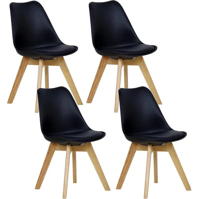 BukkitBow Eetkamerstoelen Houten Frame met Retro Stijl - Gewatteerd Zitting met Kussen - Set van 4 Stuks - Zwart