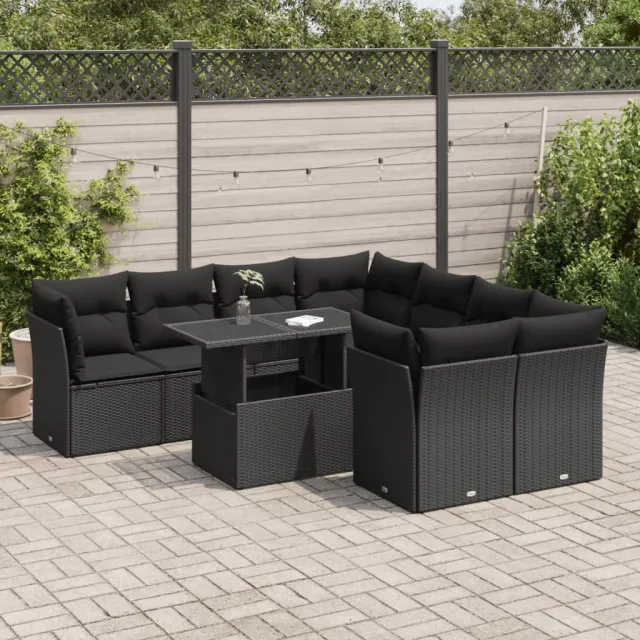 vidaXL 9-delige Loungeset met kussens poly rattan zwart, foto 2