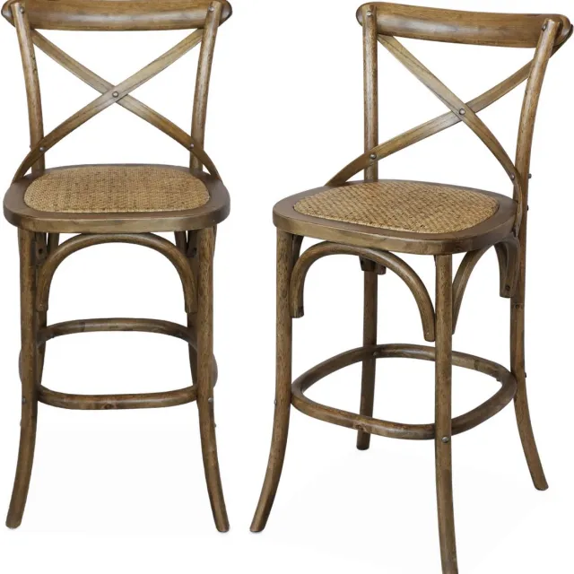 sweeek Set van 2 vintage rubberhouten bistro barkrukken met voetensteun - belleville Verouderd bruin