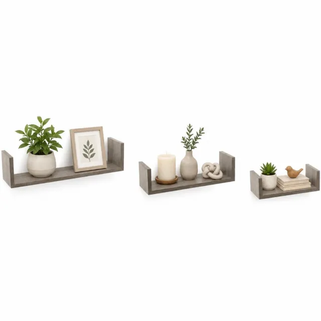 5Five® 5five Zwevende wandplanken Fixy - set in 3x maten lengte 22/32/42 cm - lichtgrijs - hout - boekenplanken - muurplanken - opbergplanken - hangplanken