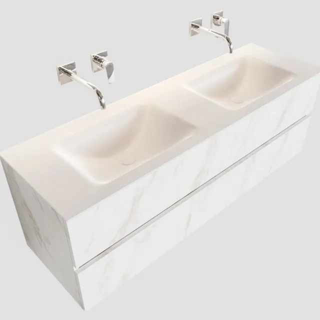 Boss & Wessing Badkamermeubel BWS Valencia Carrara Mat 150 cm Solid Surface Wastafel Dubbel (0 kraangaten, 2 lades)