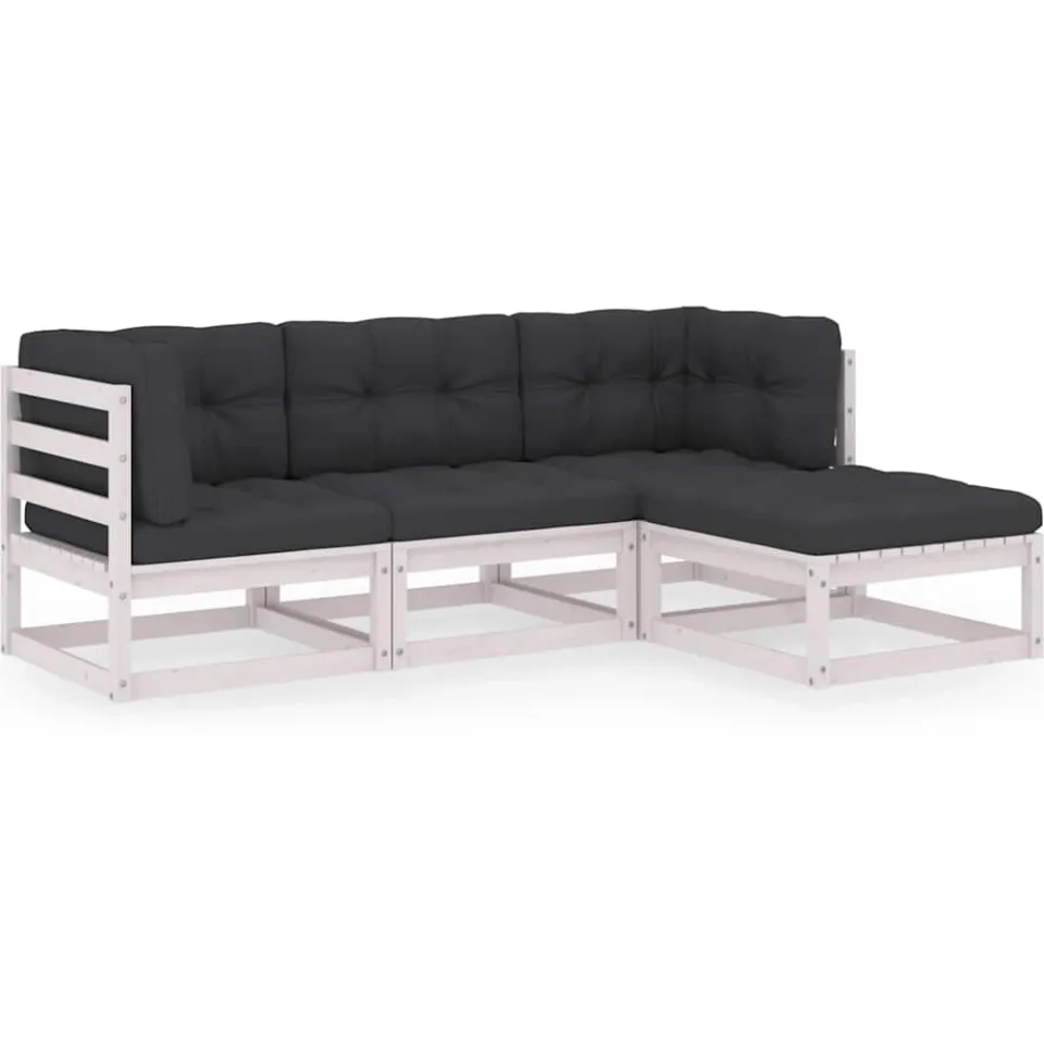 vidaXL 4-delige Loungeset met kussens massief grenenhout wit, foto 3