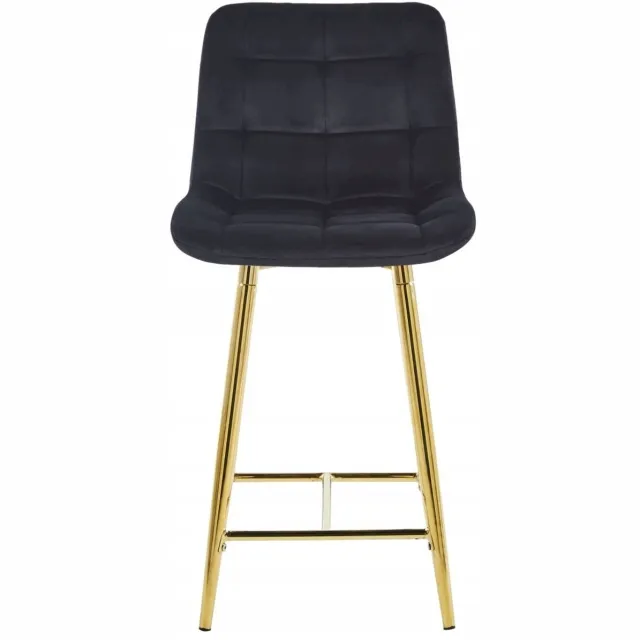 Argos Zwarte fluwelen barkruk met rugleuning en gouden poten - 90 cm