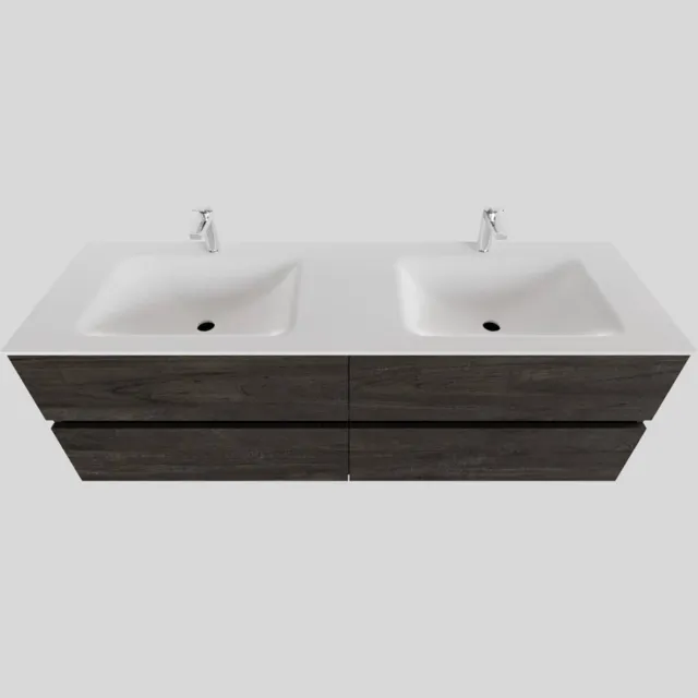 Boss & Wessing Badkamermeubel Solid Surface BWS Stockholm 200x46 cm Wood Dark Brown Wasbak Dubbel (2 kraangaten, 4 lades)