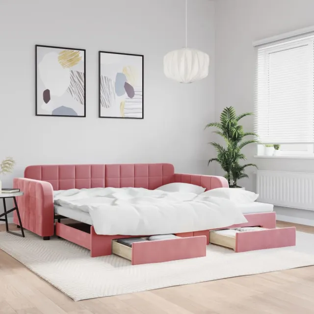 vidaXL Slaapbank met onderschuifbed en lades 100x200 cm fluweel roze