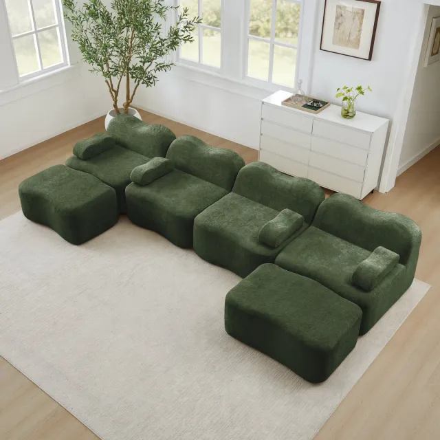 FloraGrace U-Bank 4-Zits - Modulair Met 2 Ottomans En Golfvorm - Voor Woonkamer Of Appartement - Fluweel - Groen