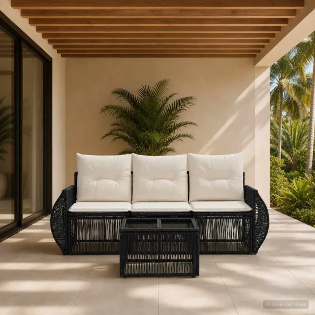 vidaXL Tuinbankenset 4 st Zwart en Cream Wit poly rattan, foto 2
