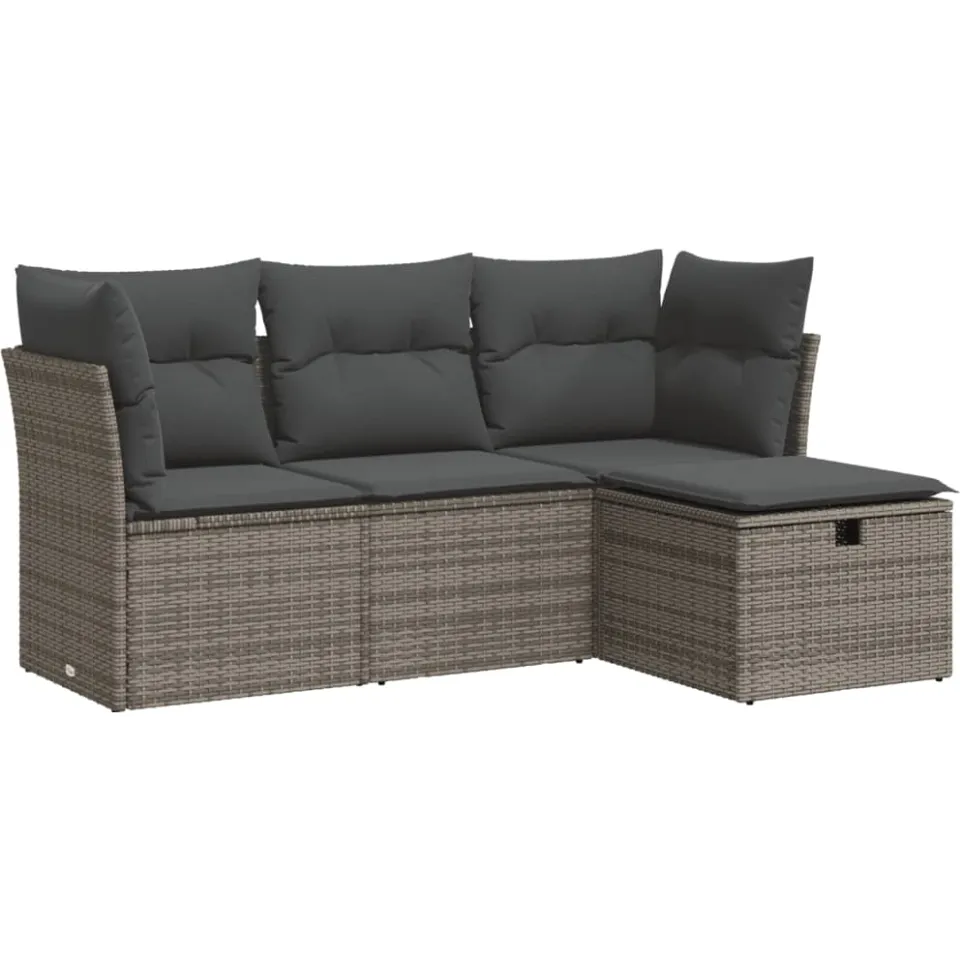 vidaXL 4-delige Loungeset met kussens poly rattan grijs, foto 3