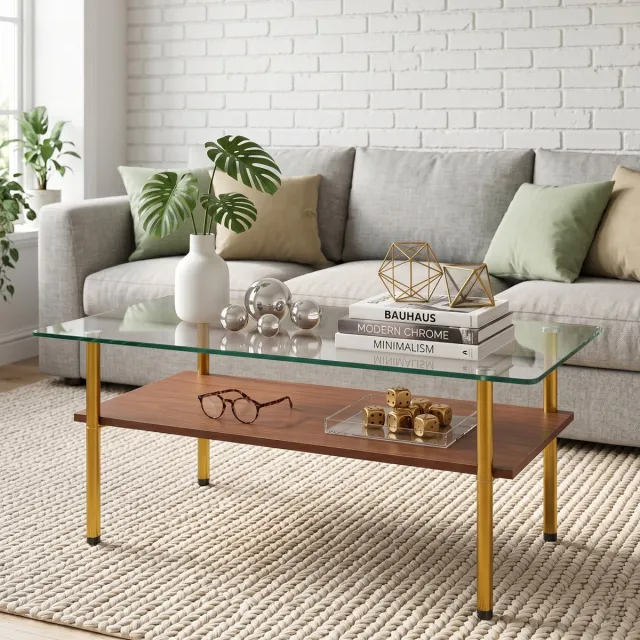 MODENUIT Salontafel - Glasplaat Met Onderblad - Voor Woonkamer Of Kantoor - Hout En Goud - 97,7x57,7x45 Cm Bruin