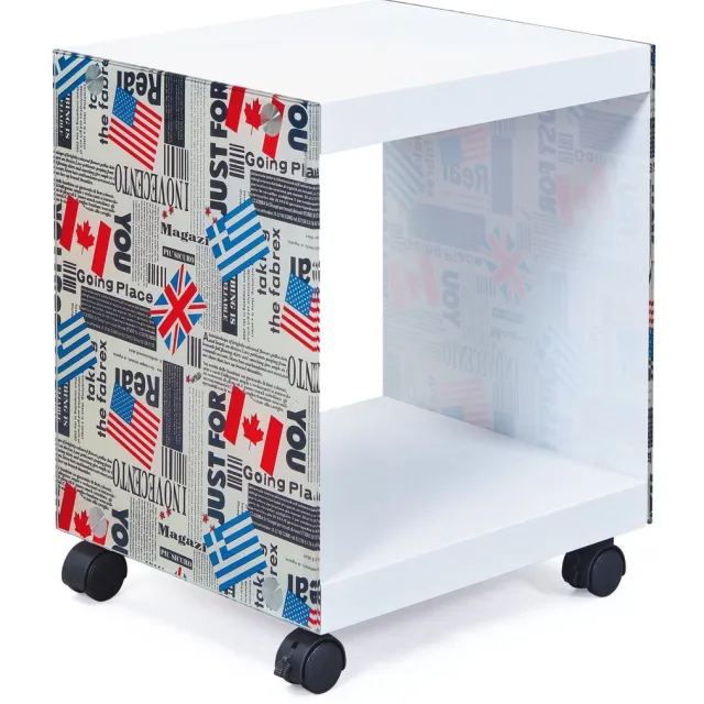 Unyqoos Moderne witte bijzettafel met wielen en glazen details voor veelzijdig gebruik Wit / Vlag