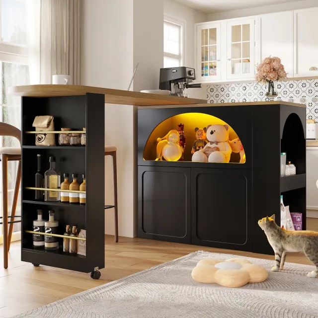Maisentiel Uitschuifbare bartafel met opbergruimte en LED - 135-205 x 39 x 100 cm - zwart