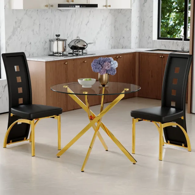HAUSS SPOLE Set Tafel En Stoelen - Ronde Glazen Eettafel Met 2 Stoelen - Modern En Ruimtebesparend - Voor Eethoek En Keuken - Zwart Goud Transparant