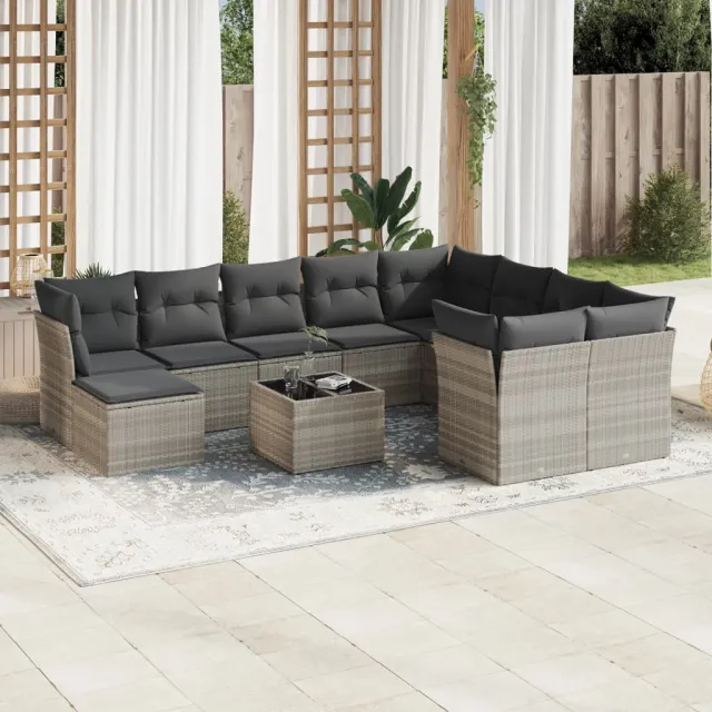 vidaXL 11-delige Loungeset met kussens poly rattan lichtgrijs