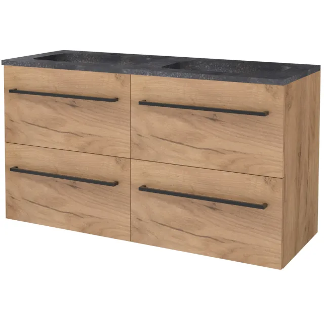 Boss & Wessing Badmeubelset BWS Salt 120x46cm Met Grepen 4 Lades Met Wastafel Hardsteen 2 Kraangaten Whisky Oak Bruin