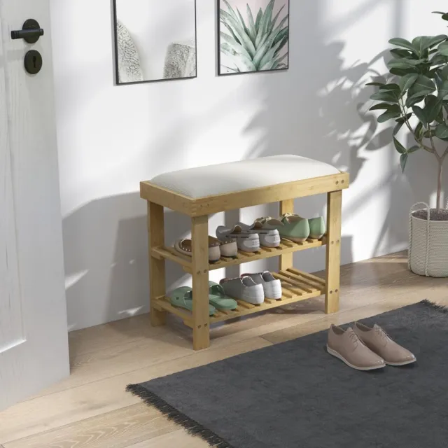MIVRAY Zitbank – Schoenenbank Met Opbergruimte – 60 x 29 x 49 cm – Bamboe En Linnenlook Stof – Crèmewit – Voor Hal En Entree