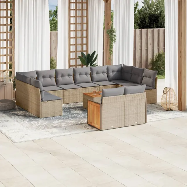 vidaXL 13-delige Loungeset met kussens poly rattan beige, foto 2